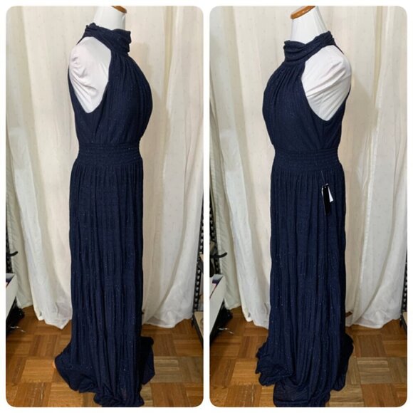 Betsy Adam Sammi Long Glitter Mesh Mock Neck Formal Dress Sz 10 in Navy - Picture 3 of 11